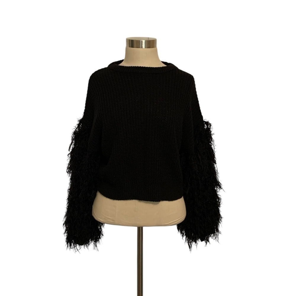 Cropped drop shoulder sweater with fuzzy sleeves